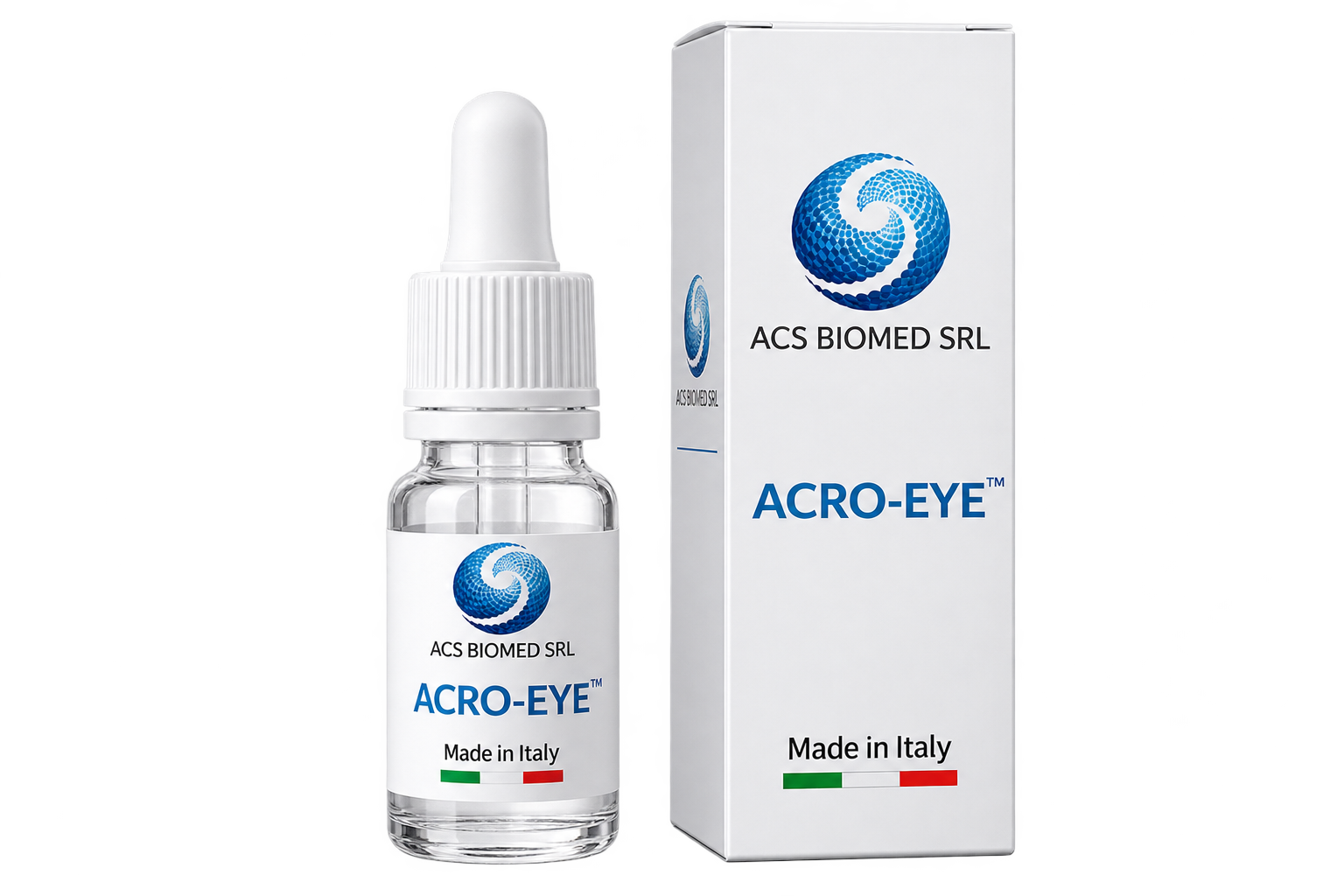 ACRO-EYE ophthalmic formulation: glass dropper bottle and box