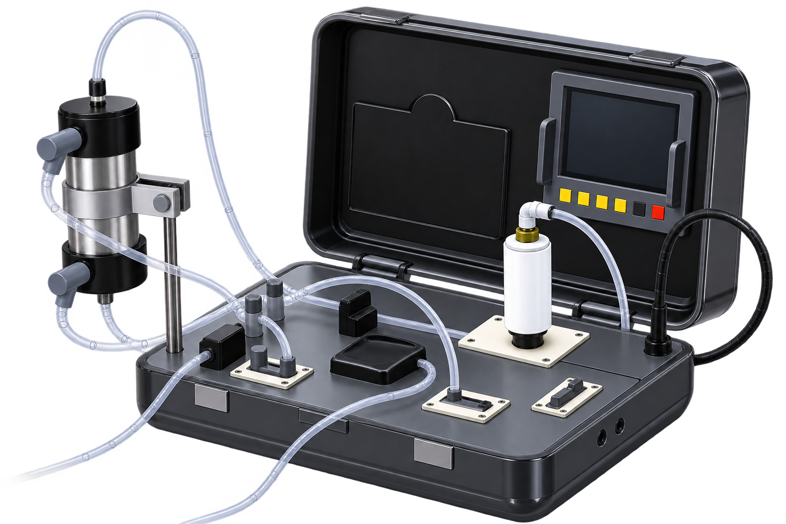 Easy-Dialysis portable hemodialysis system - 3D render showing compact suitcase format with integrated display, pumps, and dialysis interface