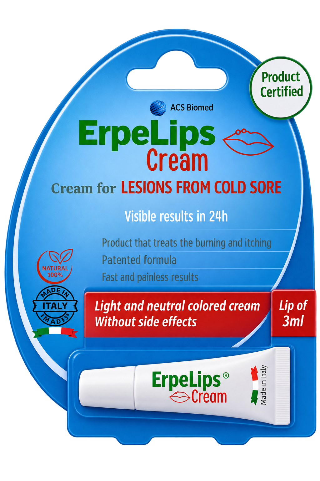 ErpeLips product packaging - 3ml compact cold sore treatment