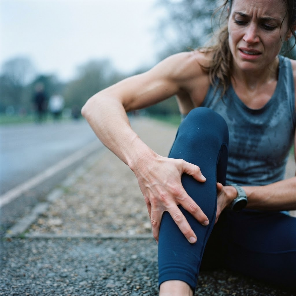Muscle tension after physical activity, hand on calf.