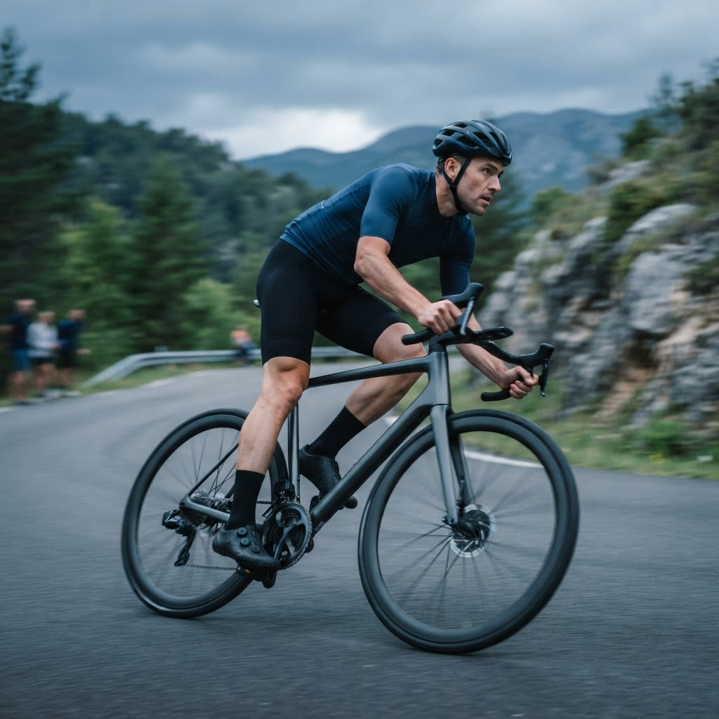 Cyclist in motion on the road, dynamic pedal stroke.