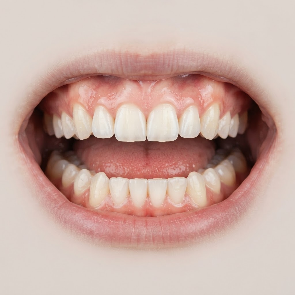 Close-up of a healthy mouth showing teeth, gums and tongue