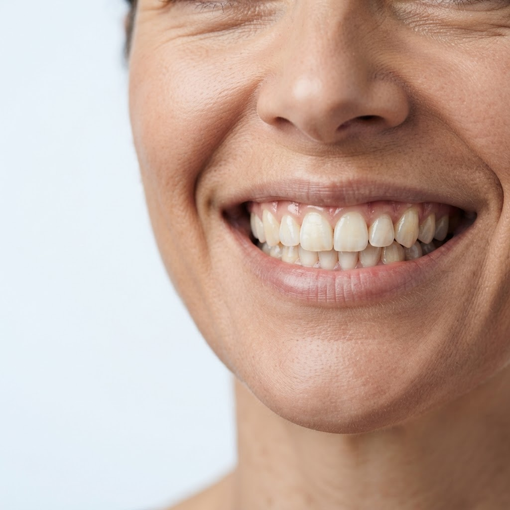 A natural smile in studio light: healthy teeth and gums, non-clinical image.